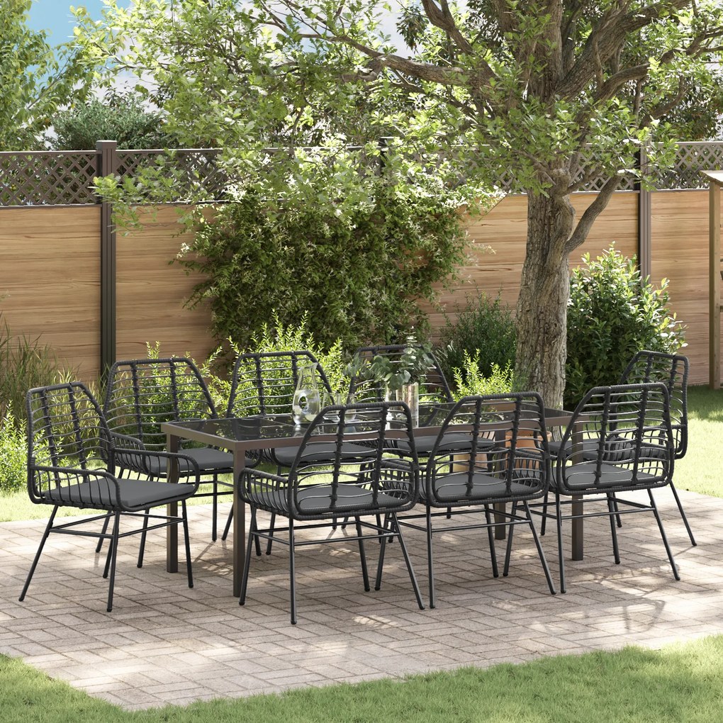 vidaXL Conjunto de Jantar de Jardim de 9 Peças com Almofadas Preto Rattan PE