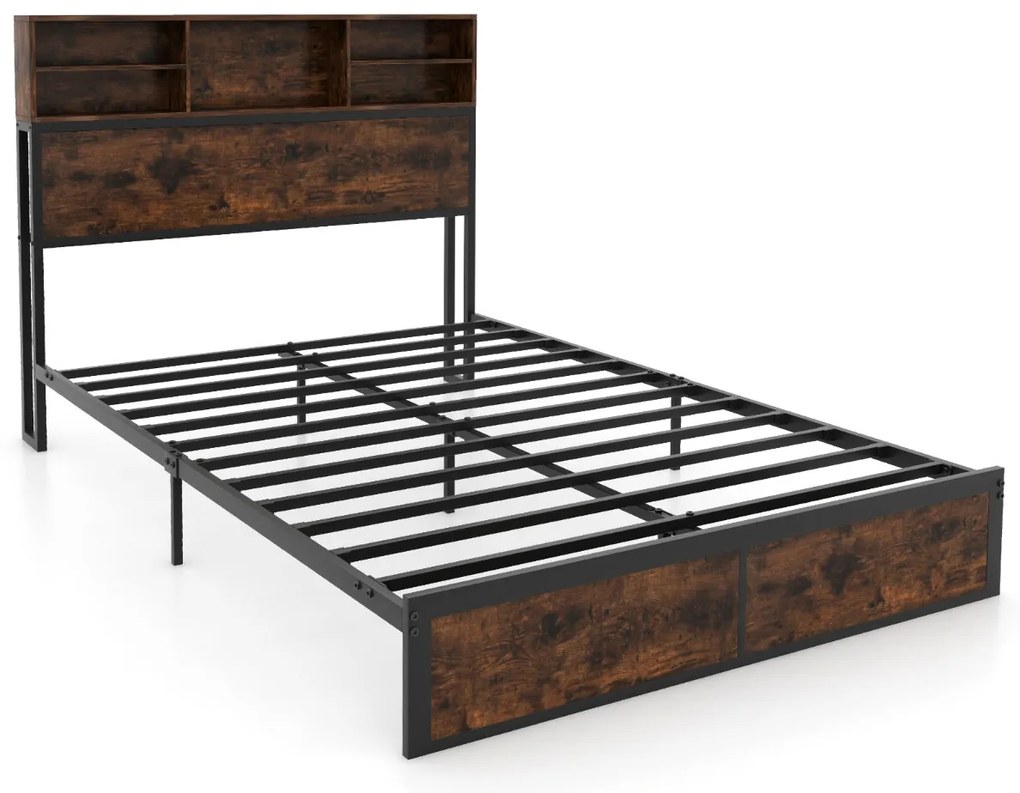 Cama de casal com estação de carregamento, estrutura de cama metálica com cabeceira e espaço de arrumação 200 x 140 cm (colchão não incluído)
