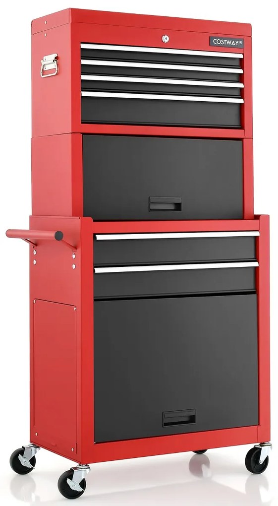 Caixa de ferramentas com rodinhas de alta capacidade 2 em 1 com alça e 4 rodas para garagem - vermelha