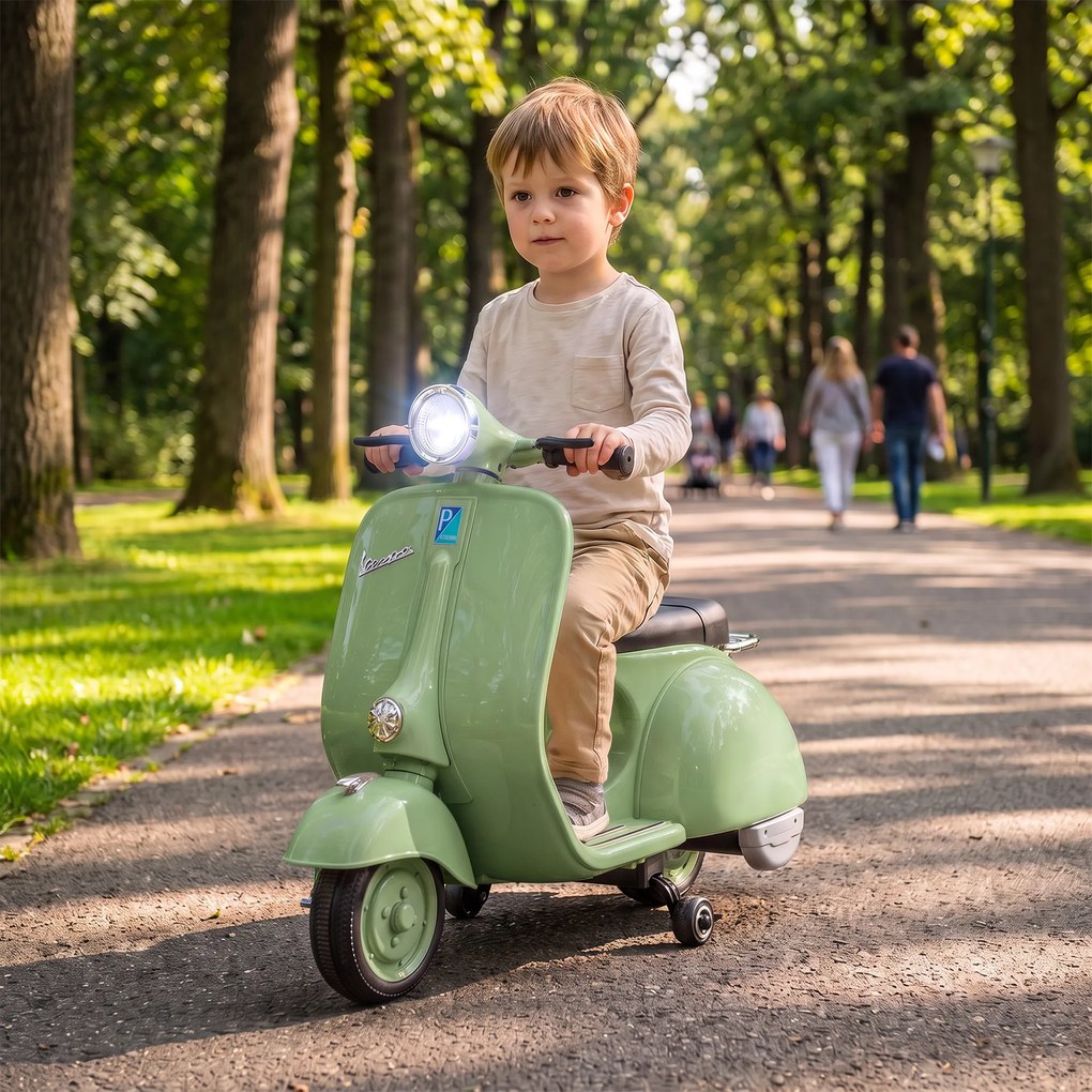 Mota Elétrica Infantil 6V Vespa com Licença Oficial, Arranque Suave, Rodinhas Desmontáveis, Luz Dianteira, Música, Buzina e USB, Verde