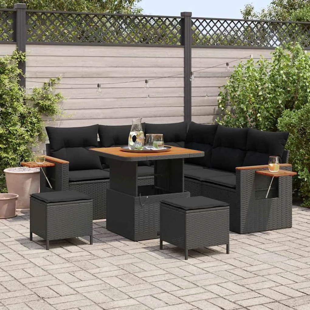Conjunto de Sofá de Jardim de Oito Peças com Almofadas Preto Rattan PE
