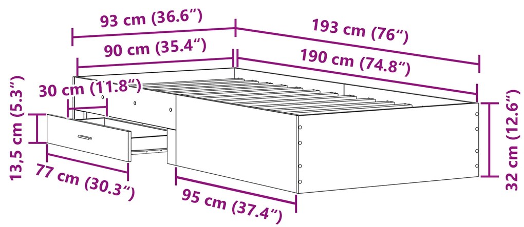 Estrutura de Cama vidaXL Madeira Velha 90x190 cm Madeira Derivada