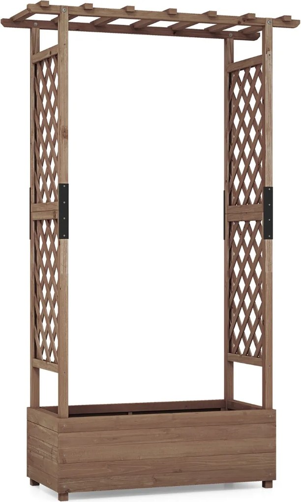 Floreira jardim elevada de madeira com treliça em arco Furo de drenagem 110 x 44 x 182 cm Castanho