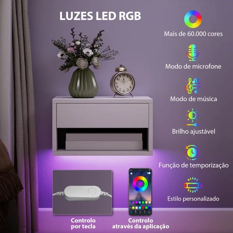 Conjunto de 2 Mesas de Cabeceira Flutuantes 37x32x21 cm com Luzes LED RGB Controlo por APP e Prateleira Aberta Branco