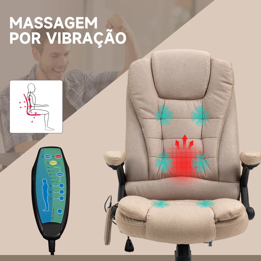 Cadeira de Escritório com 6 Pontos de Massagem Reclinável até 130° com Função de Aquecimento 68x72x110-120 cm Castanho Claro