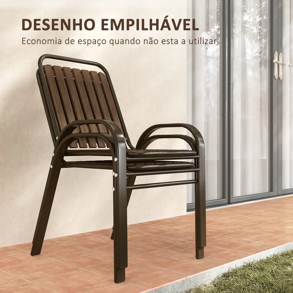 Conjunto de Jardim de 3 Peças com 2 Cadeiras Empilháveis Mesa com Bancada de Vidro Temperado Castanho Escuro