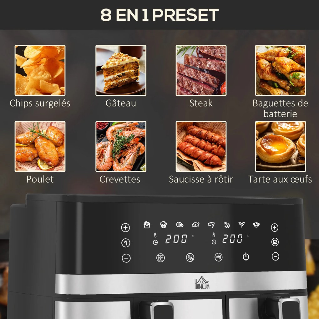 Fritadeira de ar quente sem óleo, Air Fryer, compartimento duplo de 8,5 L, 2700 W – 8 programas, temperatura regulável, temporizador preto