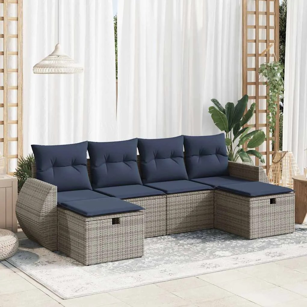 6 pcs conjunto sofás de jardim com almofadões vime cinzento