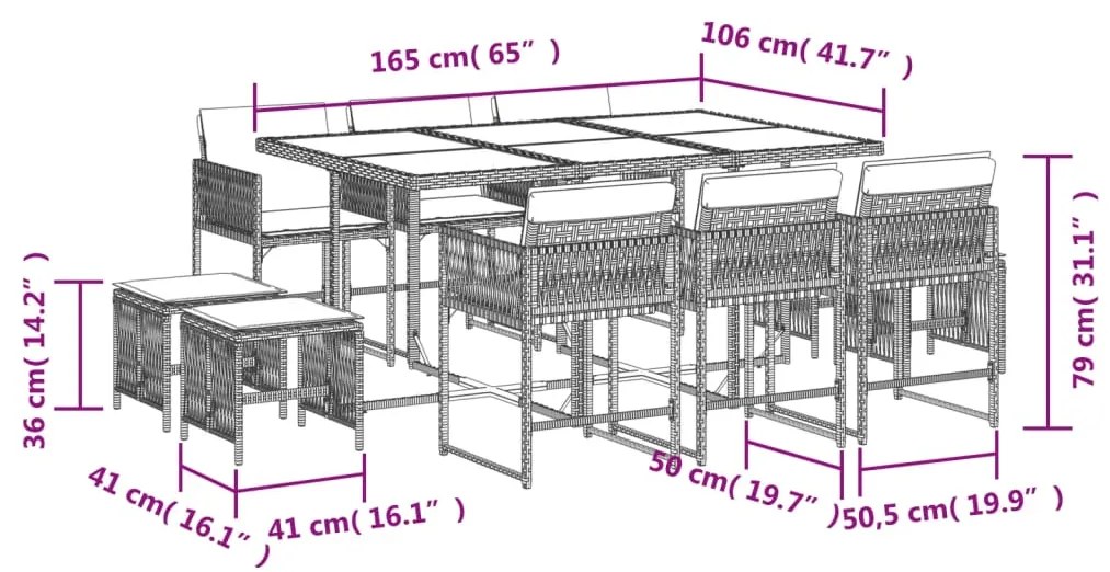 11 pcs conjunto de jantar p/ jardim com almofadões vime PE bege