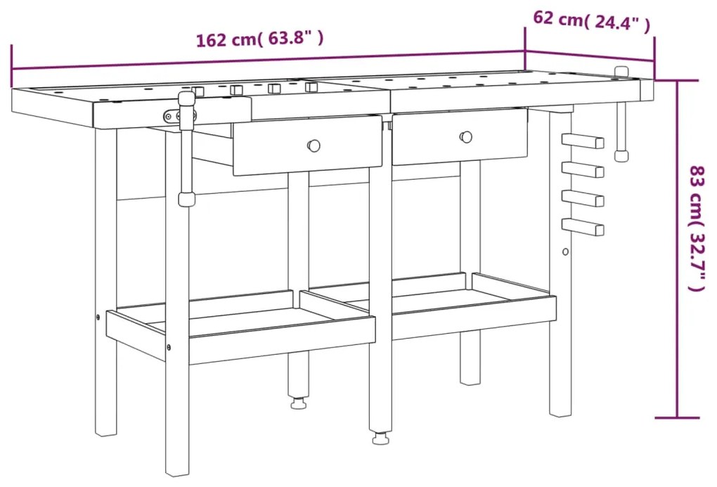 Bancada de trabalho + gavetas/tornos 162x62x83 cm acácia maciça