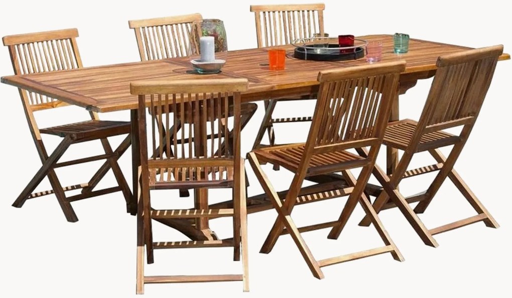 Conjunto de jantar para jardim em madeira de teca com orifício para guarda-sol Maeva, conjunto de 7