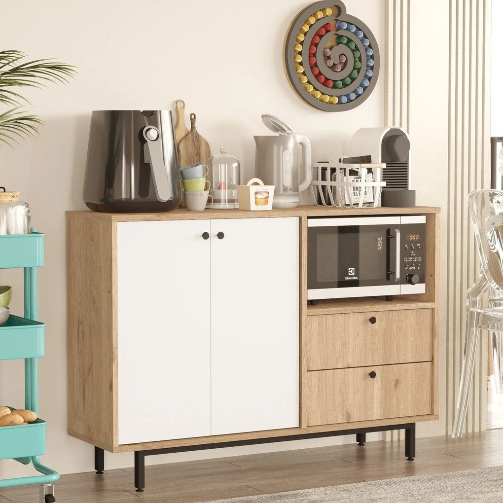 Aparador de cozinha "Toledo" - Carvalho e Branco - 120x85x35.5cm - Des