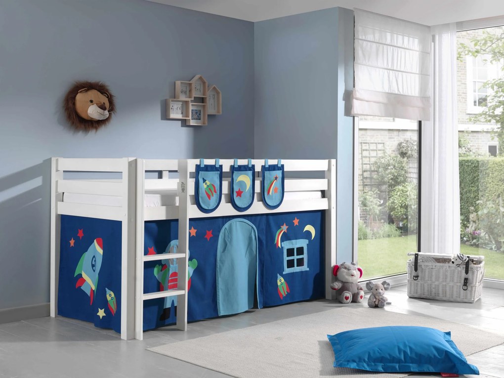 Conjunto Cama alta de Criança PINO 90 x 200 cm + estrado + escada + cortina +3 bolsas Astronauta Branca