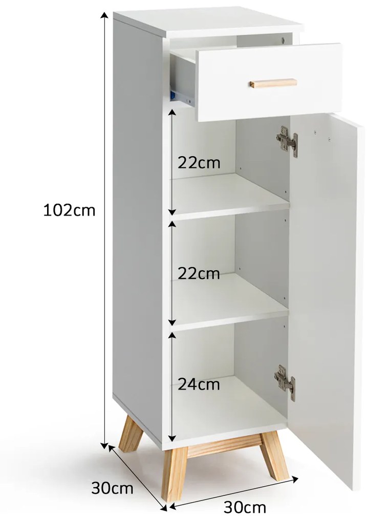 Armário de Banheiro Organizador Vertical com 1 Gaveta 3 Prateleiras Ajustáveis para Corredor da Sala de Estar Quarto 30 x 30 x 102 cm Branco