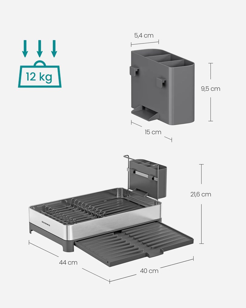 Escorredor pratos com suporte para utensílios cozinha cinzento-prateado