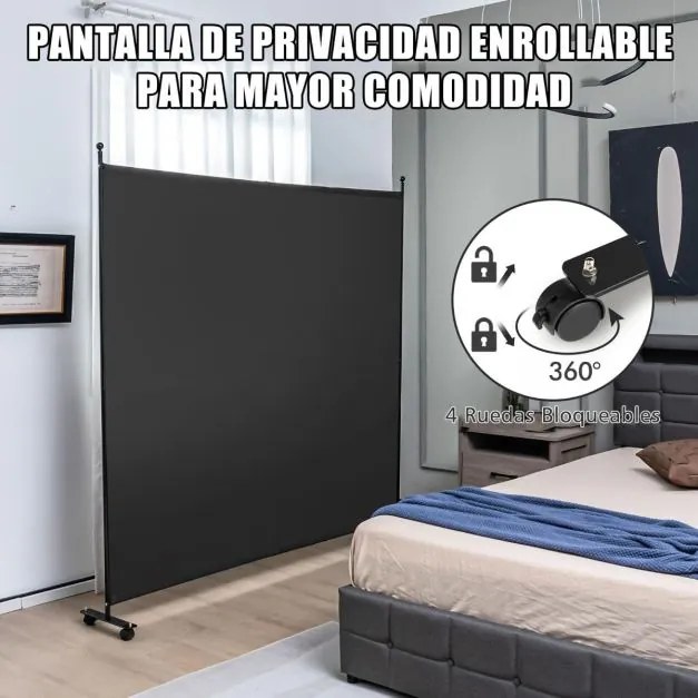 Biombo Divisória de ambientes 184 x 30 x 184 cm com painel único, tela de privacidade larga com rodas bloqueáveis Preto