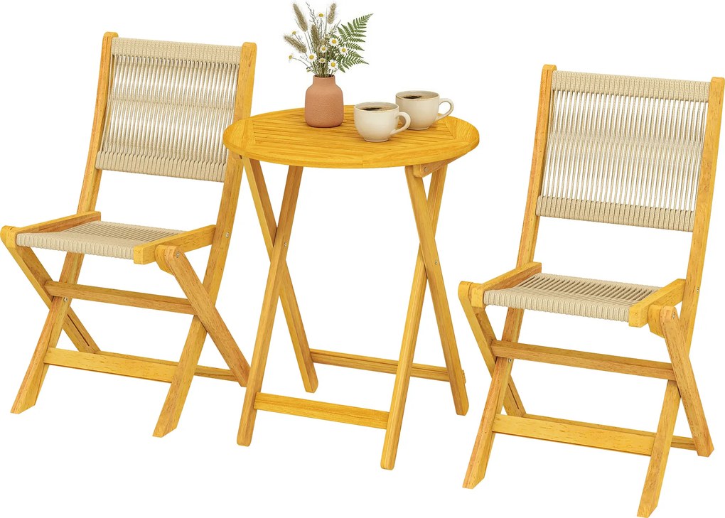 Conjunto de Jardim de 3 Peças em Madeira com 2 Cadeiras Dobráveis e Mesa Redonda para Terraço e Varanda, Natural