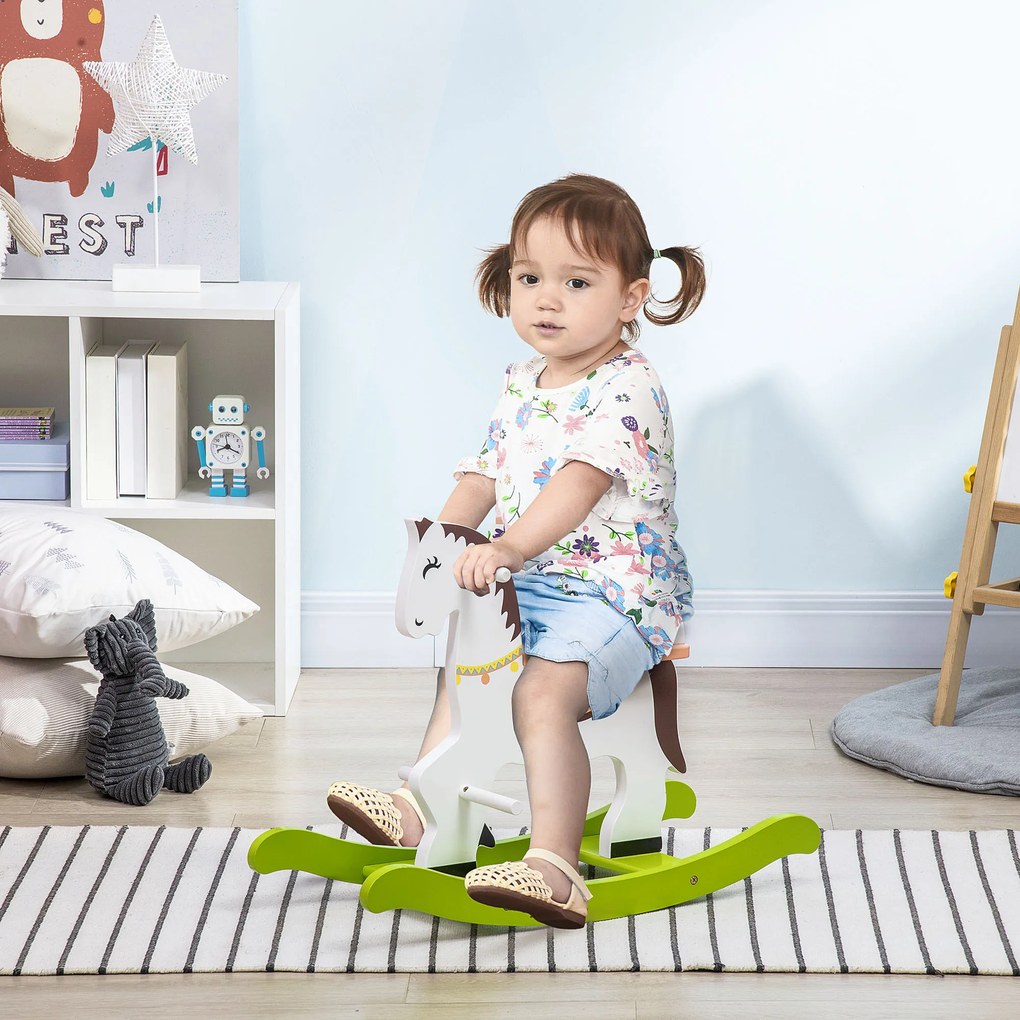 Cavalo Baloiço para Crianças de 1-3 Anos Cavalo Baloiço de Madeira com Guiador e Apoio para os Pés Carga Máxima 50kg 68x27x50cm Branco e Verde
