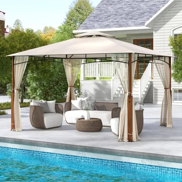 Pérgula 3,6 x 3 m com rede 2 níveis Telhado com estrutura metálica Tenda de jardim com telhado duplo para pátio exterior Terraço Bege