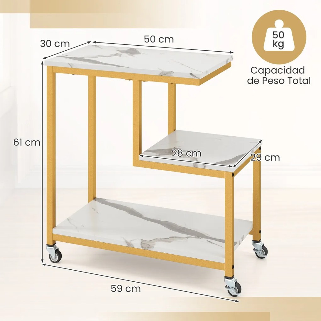 Mesa lateral sala, quarto de 3 níveis com prateleiras abertas e rodas bloqueáveis para sala de estar 59 x 30 x 61 cm Branco e Dourada