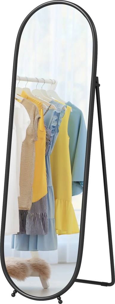 Espelho grande com suporte, espelho oval, moldura em metal preto, com suporte para a entrada, quarto ou vestiário, 40 x 160 cm preto