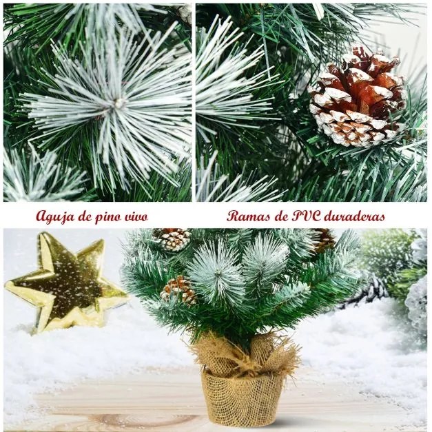 Árvore de Natal 60 cm efeito neve com pinhas decorativas, base estável em cimento e linho, decoração para interiores e secretárias Verde