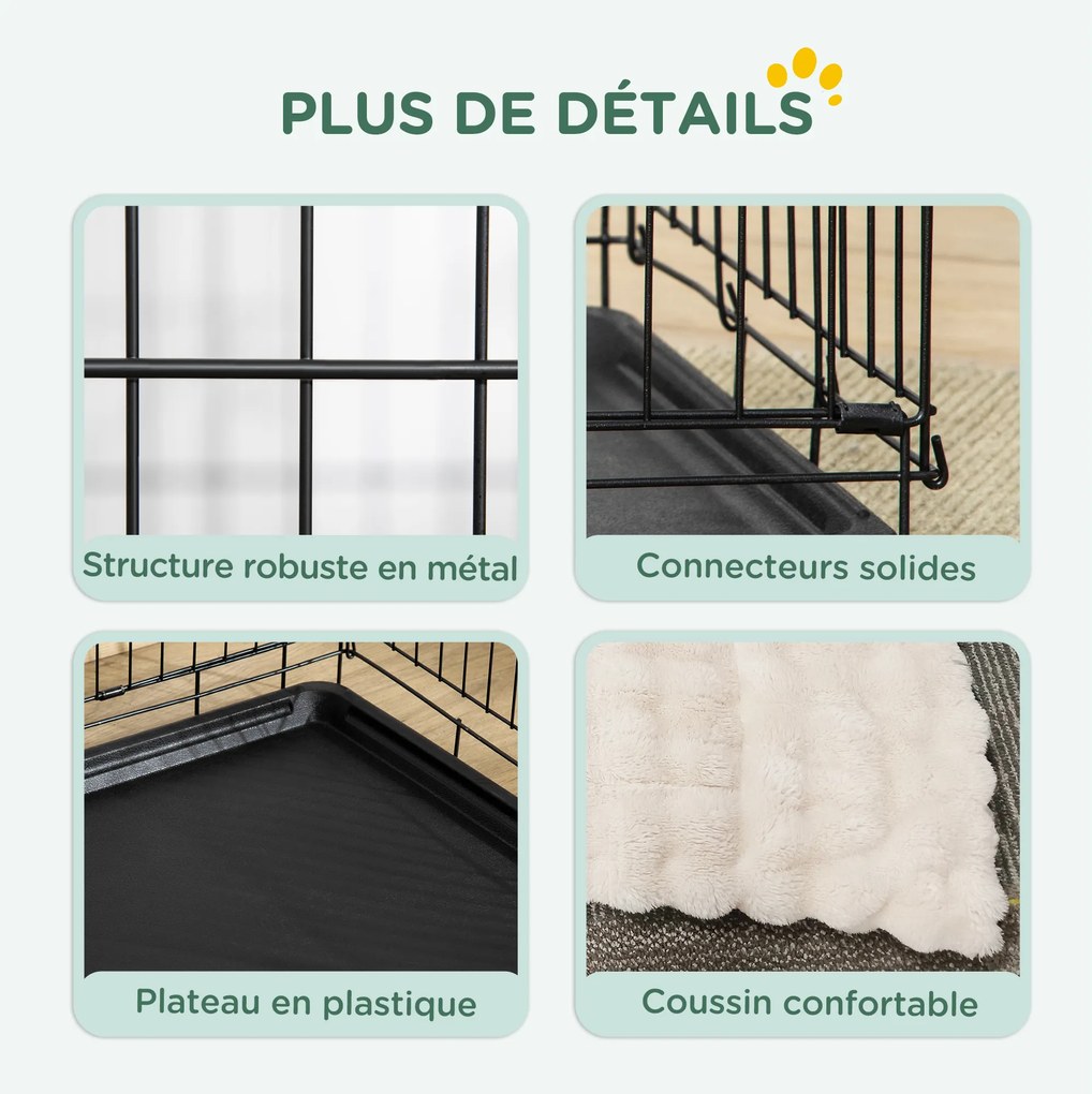 Gaiola de transporte dobrável para cães com pega, tabuleiro removível e almofada incluída – 105 x 70 x 75 cm – preta