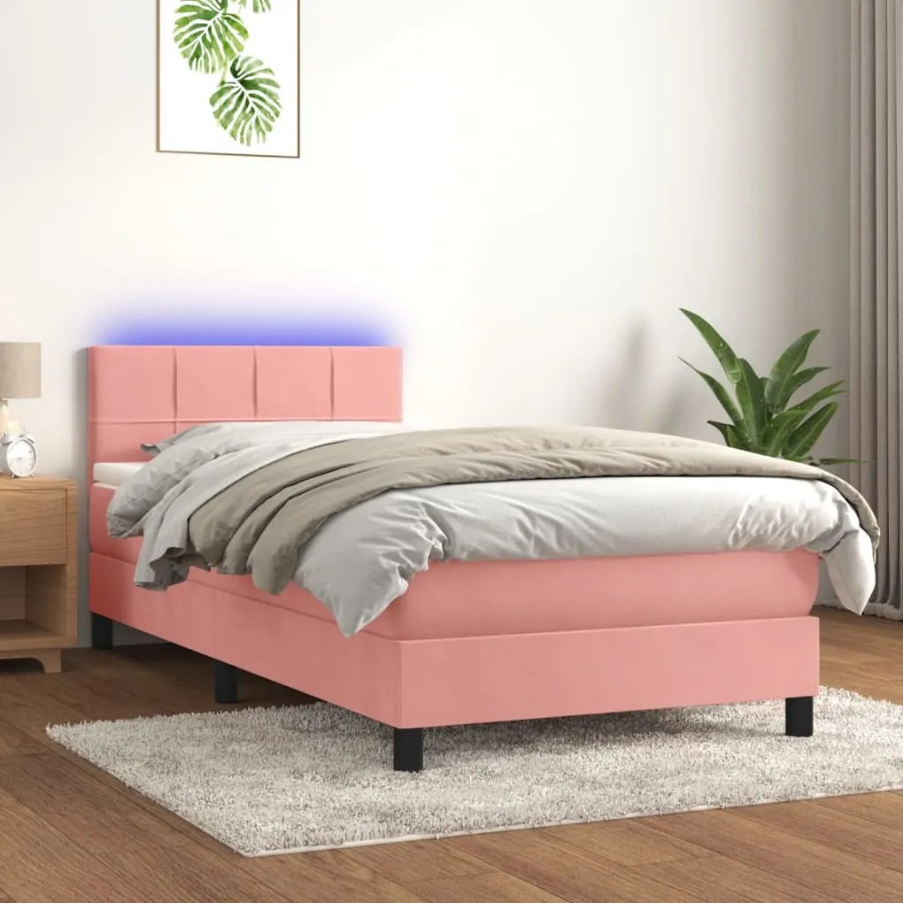 vidaXL Cama box spring c/ colchão/LED 80x200 cm veludo rosa