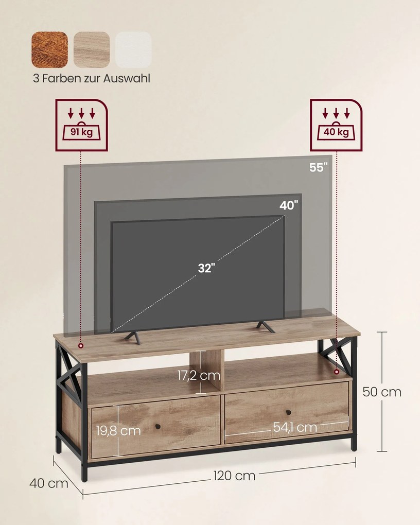 Móvel TV com 40 x 120 x 50 cm de comprimento, 2 gavetas e 2 compartimentos abertos castanho Carvalho-preto