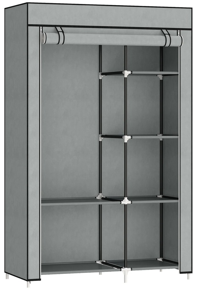 HOMCOM Roupeiro de Tecido Dobrável com 6 Prateleiras e 1 Barra de Pendurar para Dormitório Vestidor 103x43x162,5cm Cinza