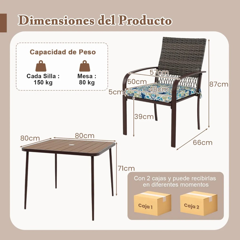 Conjunto de jantar de jardim 4 cadeiras de rattan com almofadas e mesa quadrada com orifício para guarda-sol Castanho misto