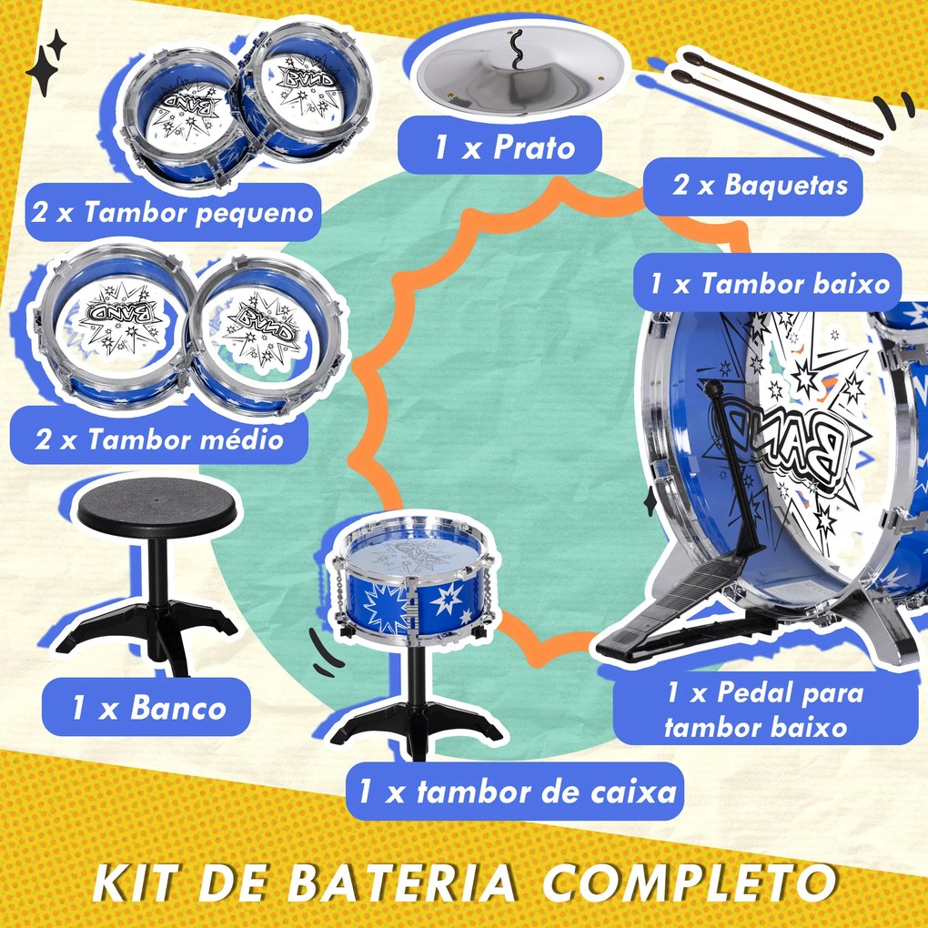 Bateria Infantil com Banco Bateria para Crianças acima de 3 Anos com Pedal e Baqueta Desenho de Estrelas 65x22x57 cm Azul