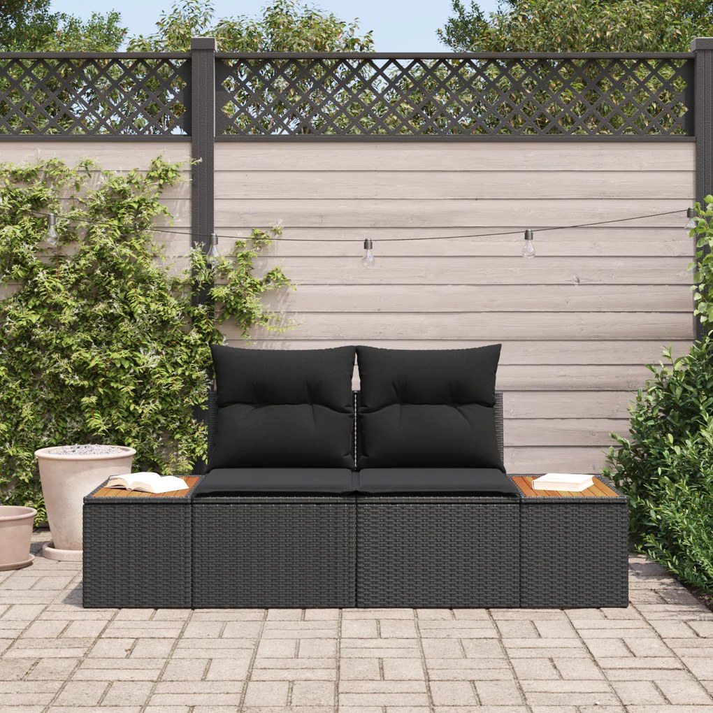 Sofá de Jardim 2 Lugares com Almofadas em Rattan Preto