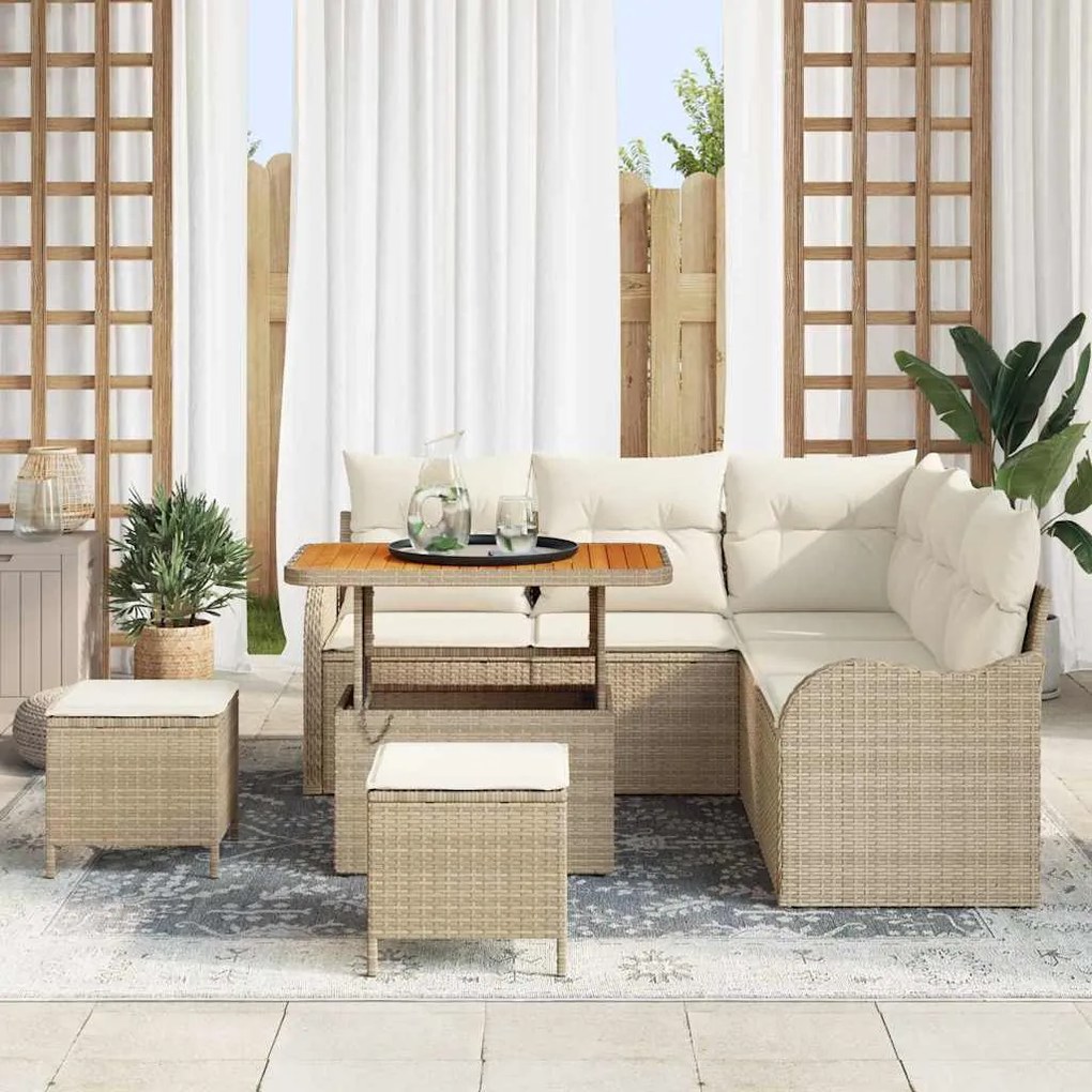 Sofá de Jardim 8 Peças com Almofadas Beiges, Rattan e Poliéster