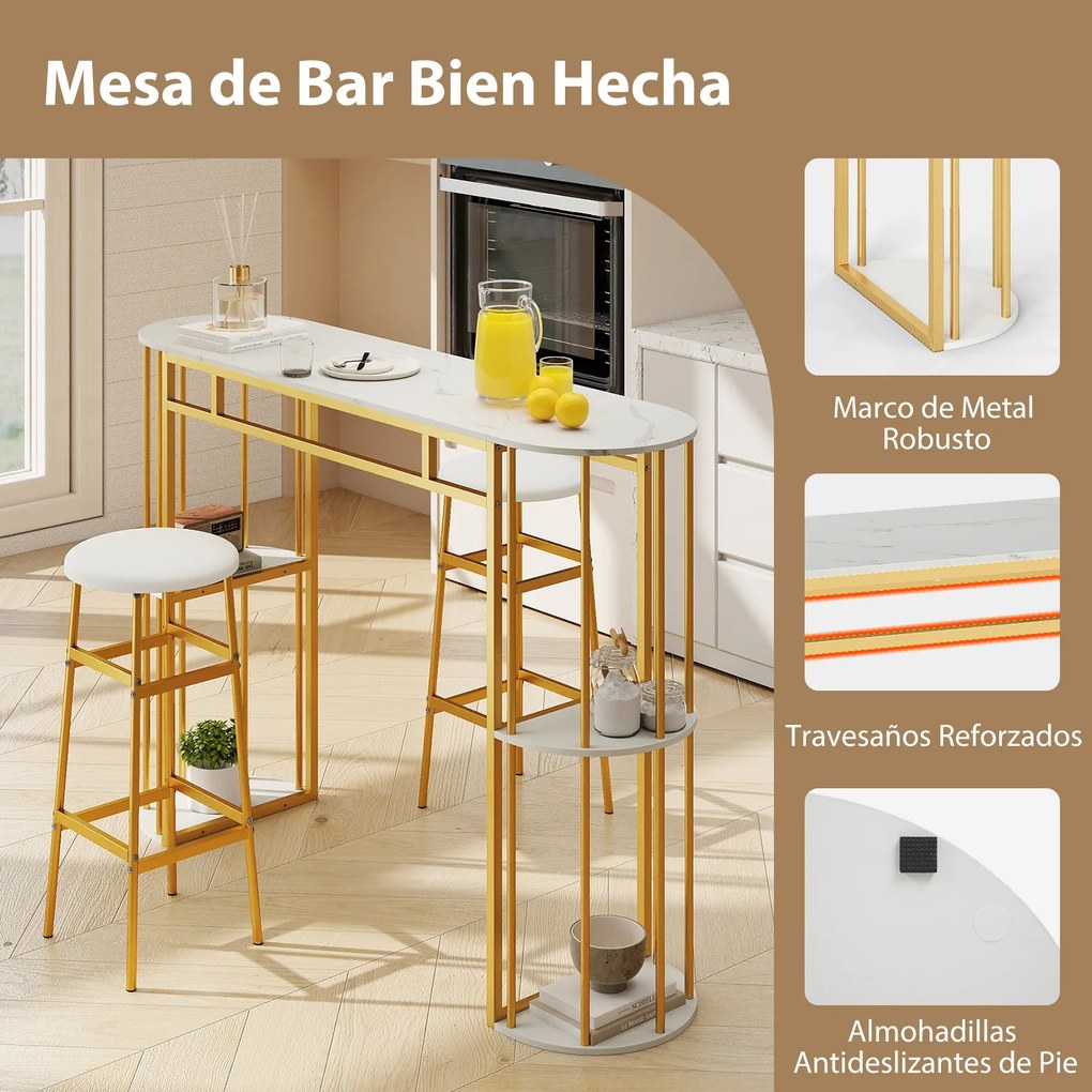 Mesa de bar alta retangular 150 x 40 x 105 cm (BANCOS NÃO INCLUIDOS) com estantes de arrumação, estrutura metálica e tampo em imitação mármore; consol