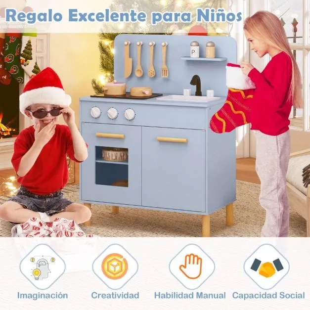 Cozinha de brincar infantil 55 x 31 x 75 cm com luzes, sons, fogão, forno e acessórios de madeira. Presente para crianças com mais de 3 anos. Azul