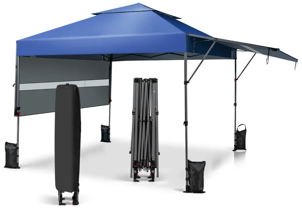 Tenda dobrável instantânea 3x3m ao ar livre com duas meias laterais com pesos e bolsa transporte portátil ajustável em altura para acampamento Azul