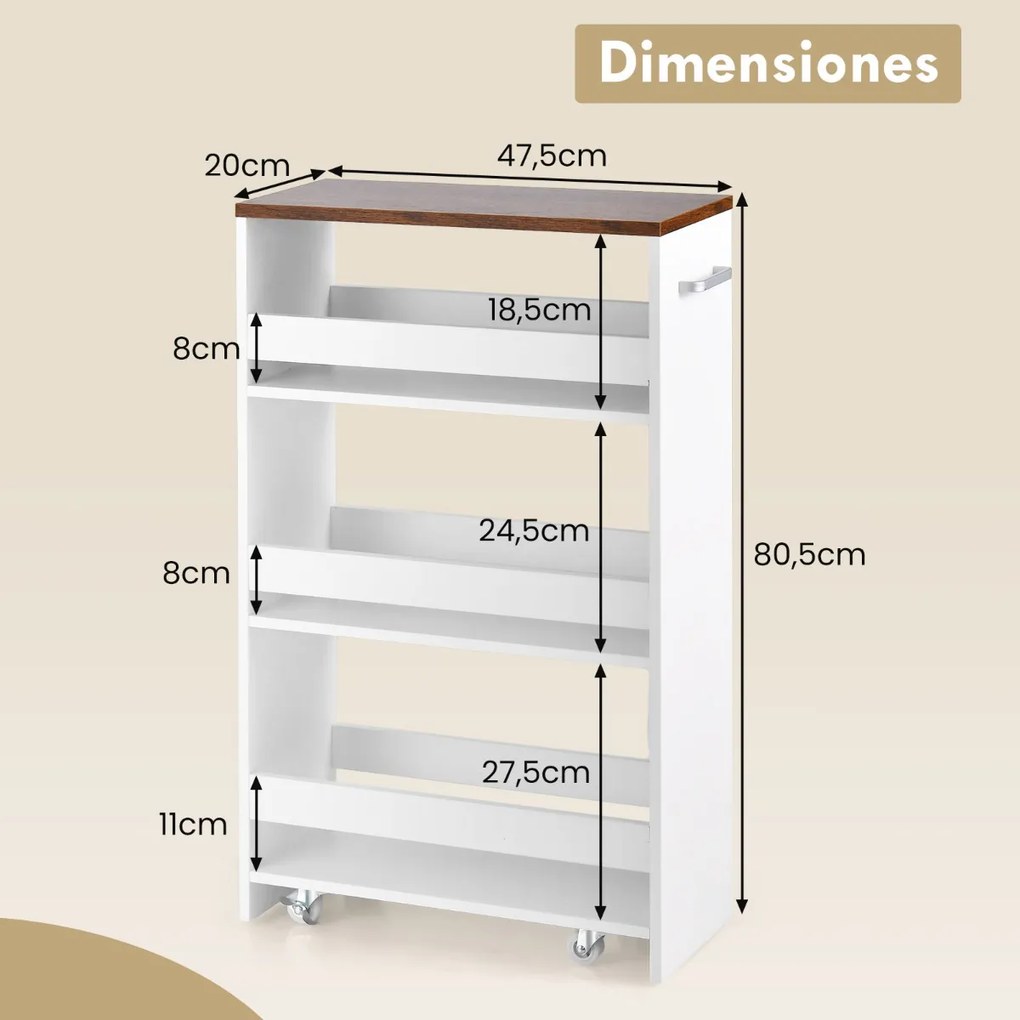 Carrinho de armazenamento com 4 níveis, rodas, prateleiras abertas e pega 47,5 x 20 x 80,5 cm Branco