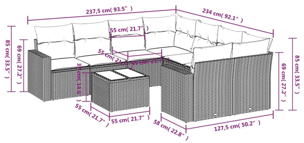 9 pcs conj. sofás jardim com almofadões vime PE cinzento-claro