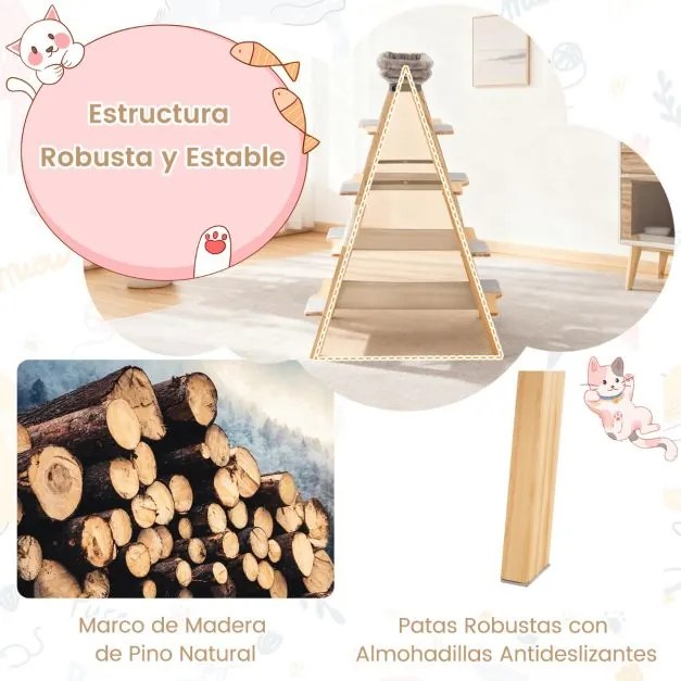 Arranhador para gatos em madeira dobrável com escada Torre alta em pinho maciço de 5 níveis cinzento