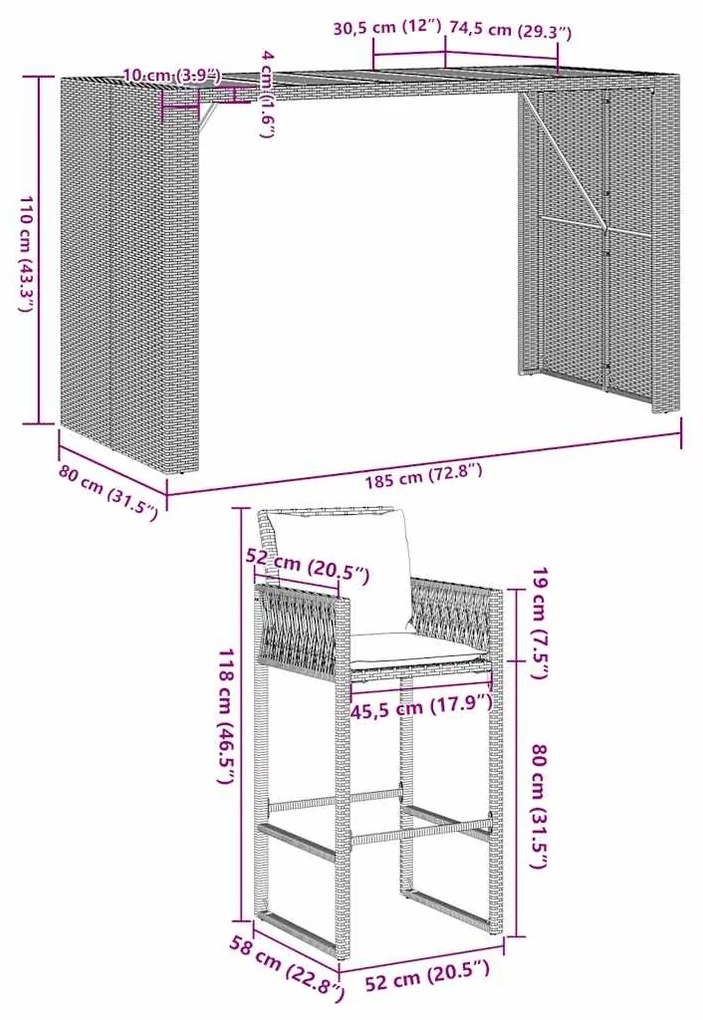 5 pcs conj. de bar jardim c/ almofadões vime PE/acácia cinzento