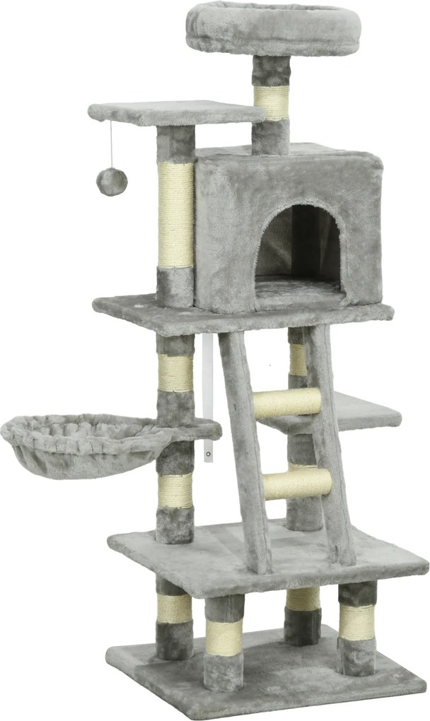 PawHut Árvore para gatos multi-equipamentos arranhadores raspadores tocas plataformas + escada + hamac+ bola suspensa cinza | Aosom Portugal