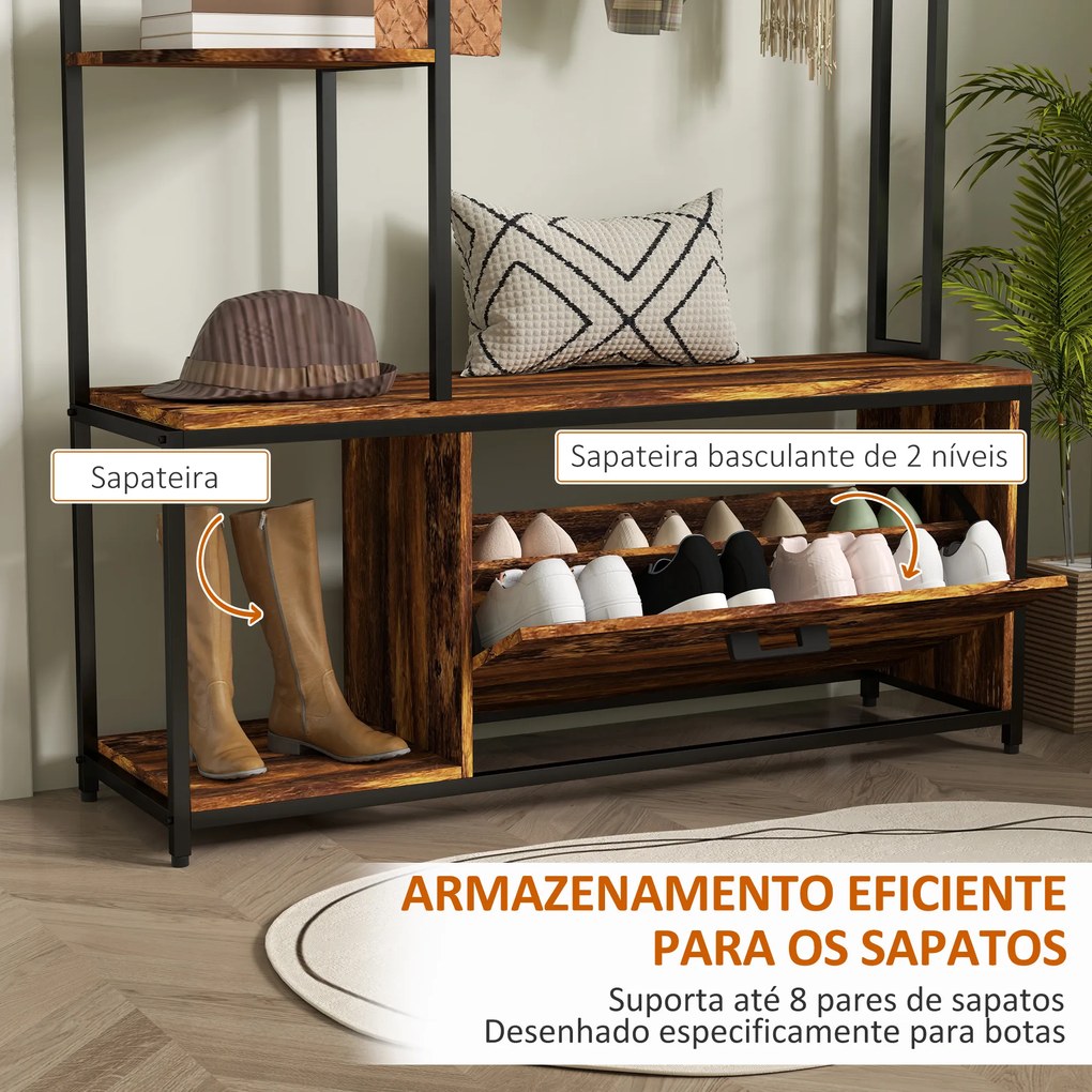 Móvel Cabide de Entrada com Sapateira Móvel de Entrada com Banco Prateleiras e Ganchos  120x35x180 cm Castanho Escuro