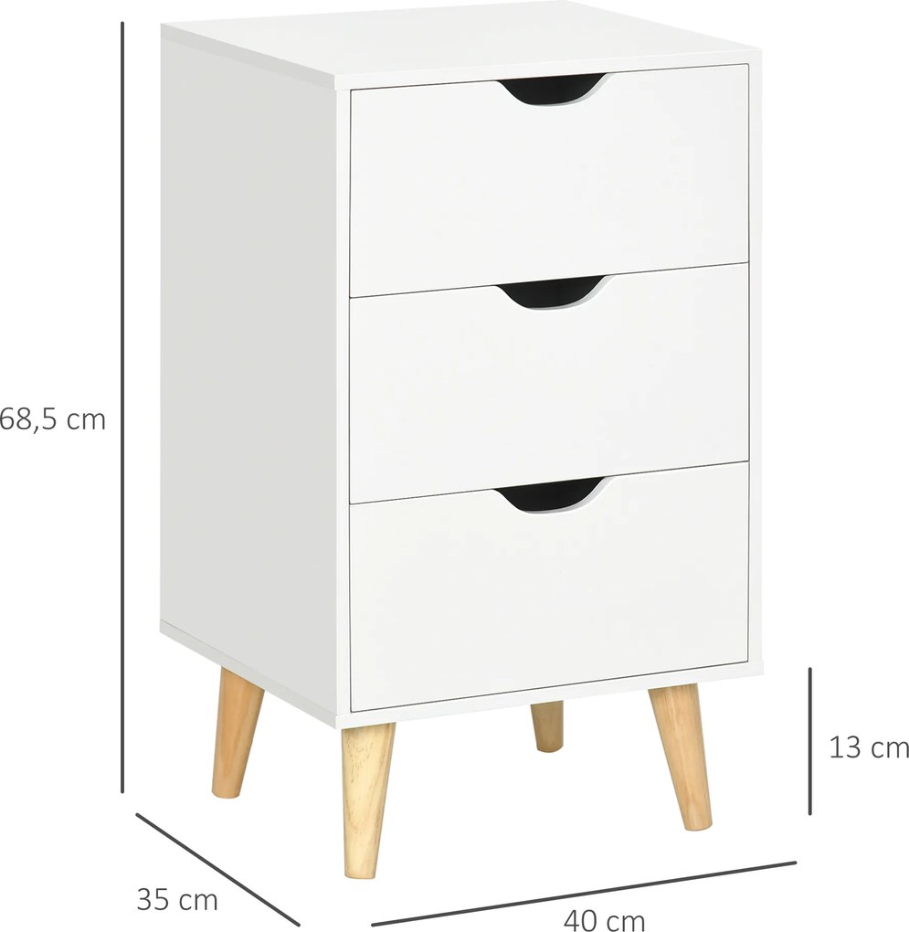 Mesa de cabeceira com 3 gavetas, estilo escandinavo, 40 x 35 x 68,5 cm, branca