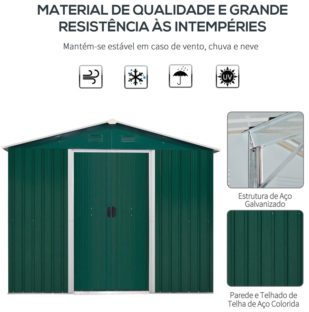 Abrigo de Jardim de 4,1 m² 236x174x190 cm para Armazenamento de Ferramentas com Portas e 4 Janelas de Ventilação Verde