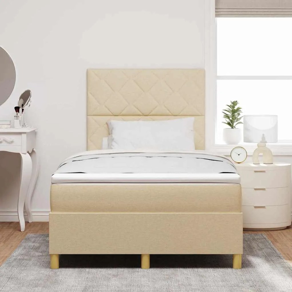 Cama Box Spring com Colchão Creme Pequena Cama de Tecido