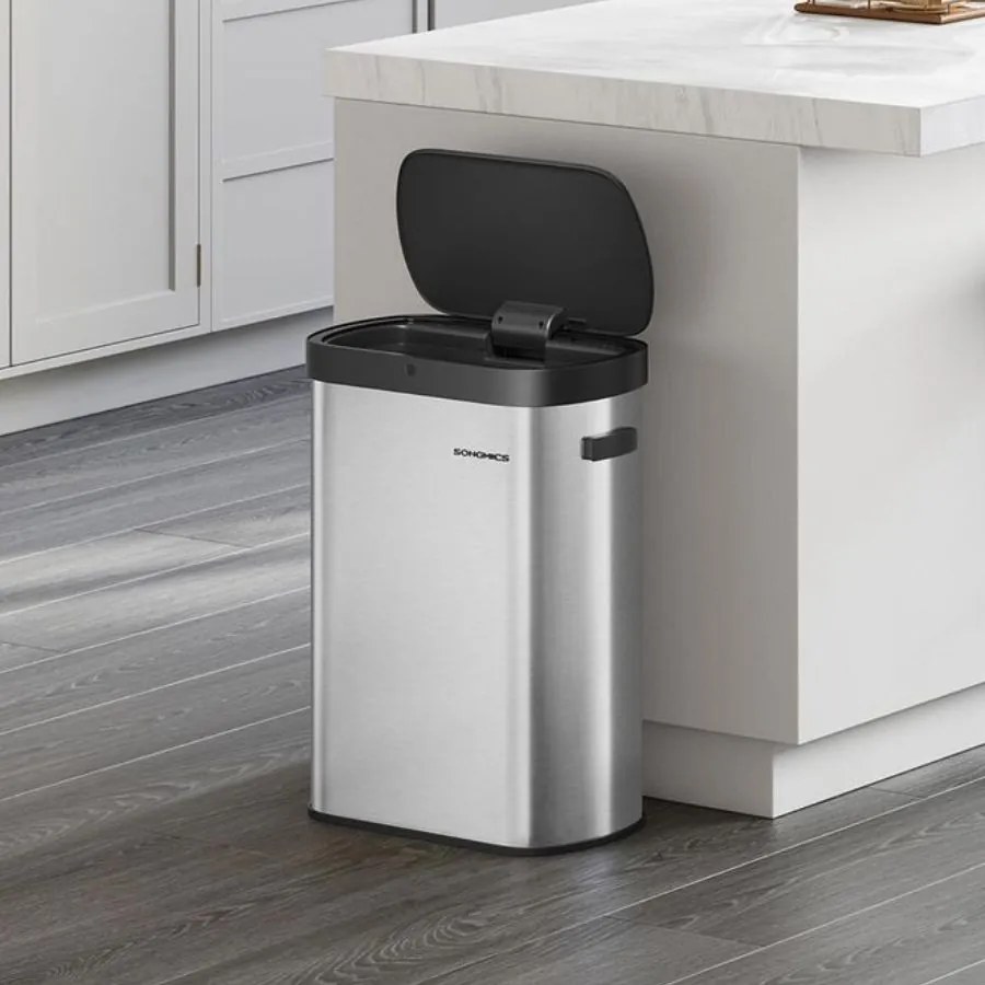Caixote do lixo automático 50 litros com sensor e tampa de fecho suave em aço 42,5 x 27,1 x 58,7 cm Prateado metálico e Preto