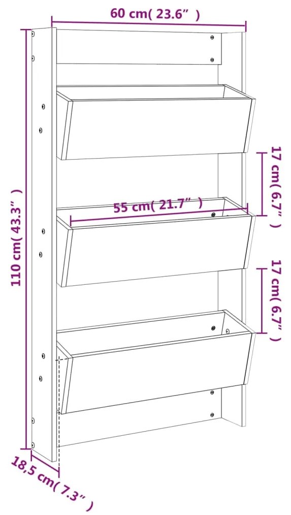 Floreira de parede com 3 caixas 60x18,5x110 cm pinho maciço