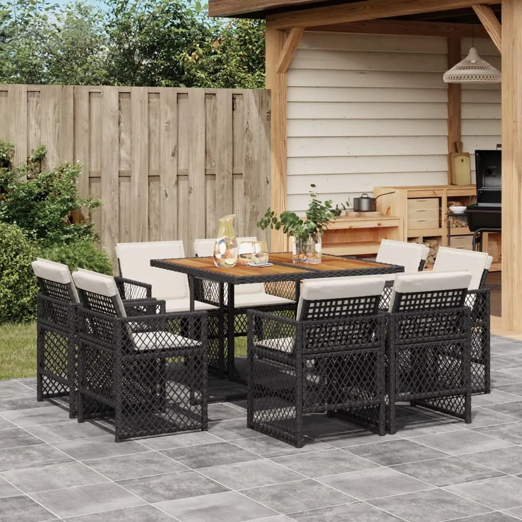 vidaXL 9 pcs conjunto de jantar p/ jardim c/ almofadões vime PE preto