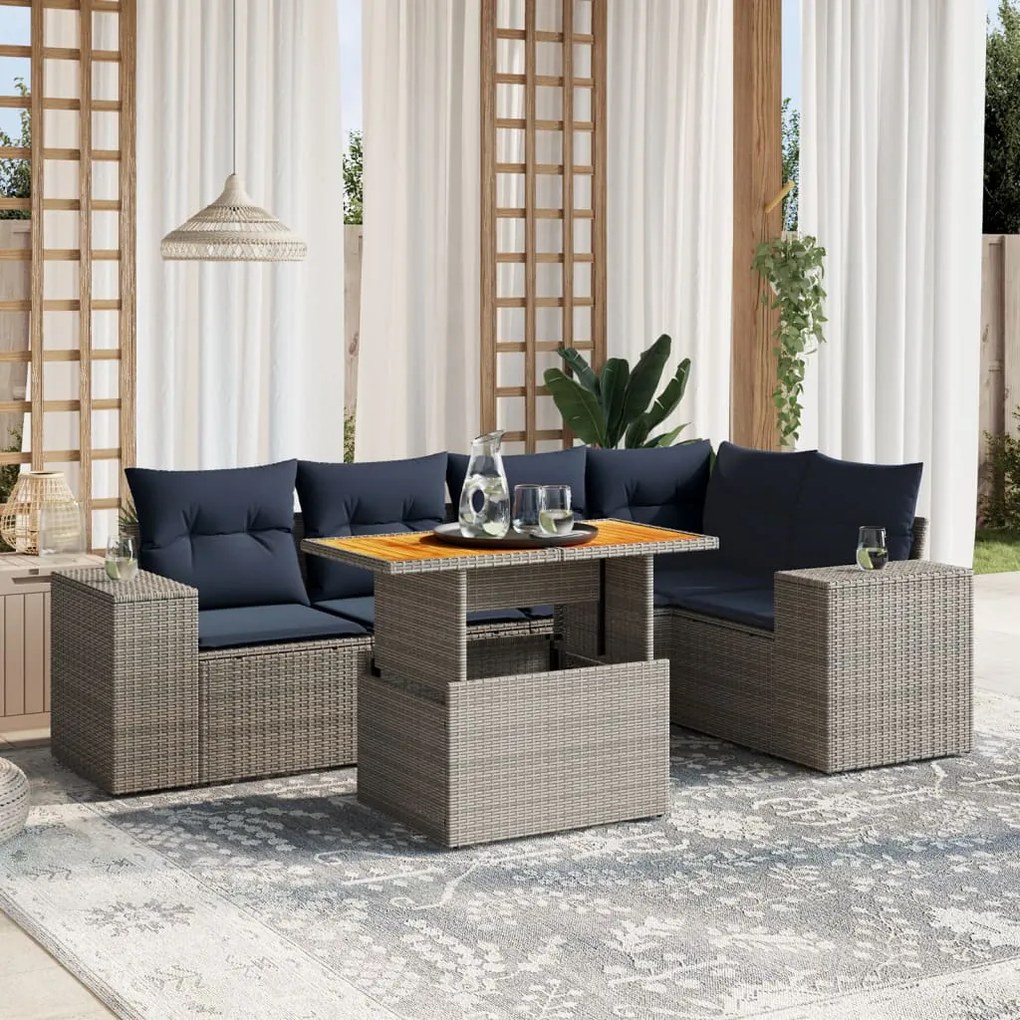 vidaXL 6 pcs conjunto sofás p/ jardim c/ almofadões vime PE cinzento